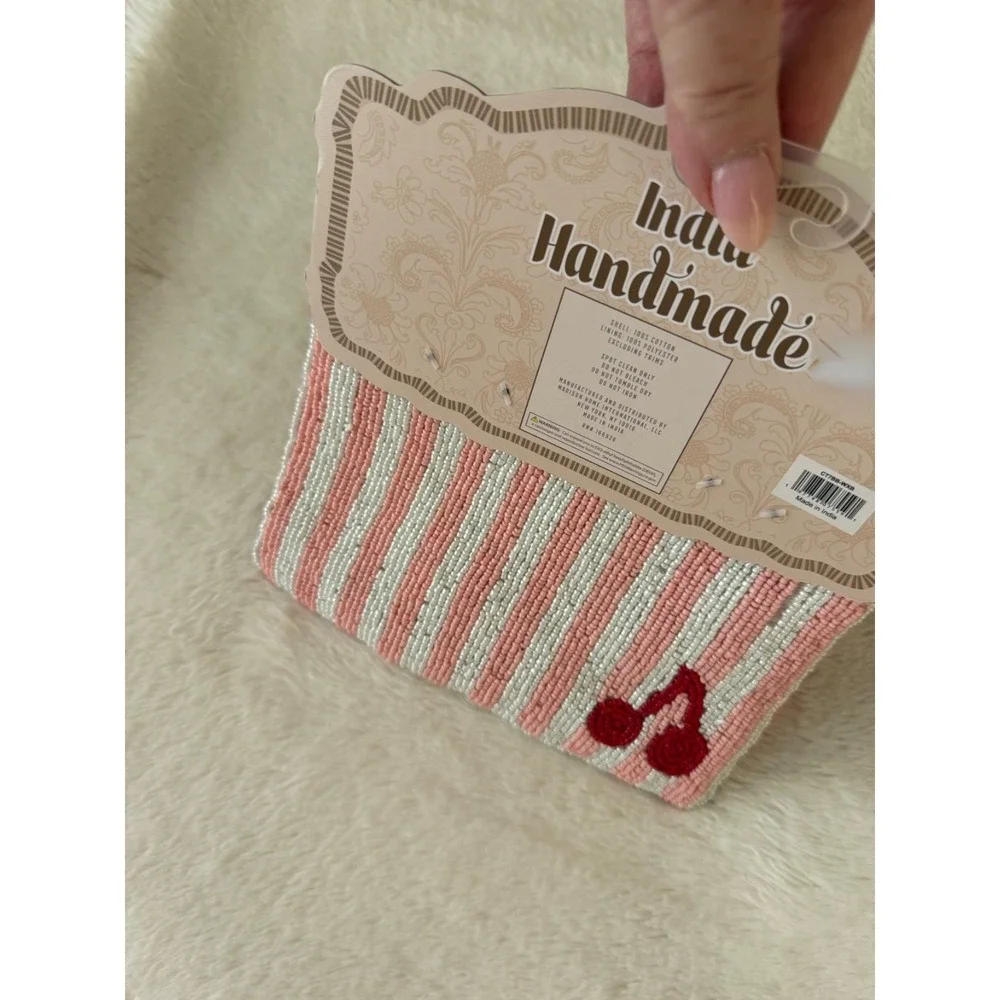 NWT Viral Cherries Stripes Beaded Pouch, Handmade India, tassel, Pink, White,Red